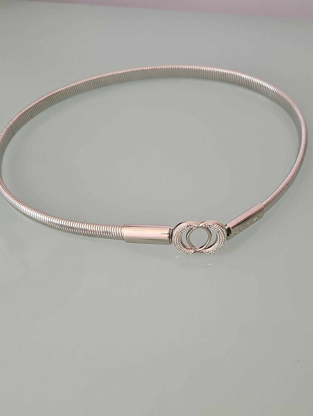 Silver Tone Women's Snake Chain Necklace with Interlocking Circle Clasp